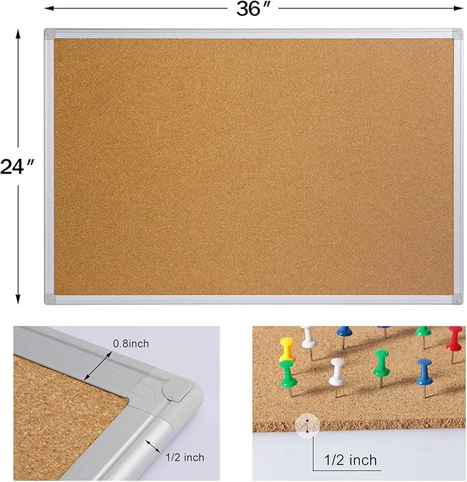 Board2by 2-Pack Cork Board Bulletin Board 24 x 36, Silver Aluminium Framed 2x3 Corkboard, Office Board for Wall Cork, Large Wall Mounted Notice Pin Board