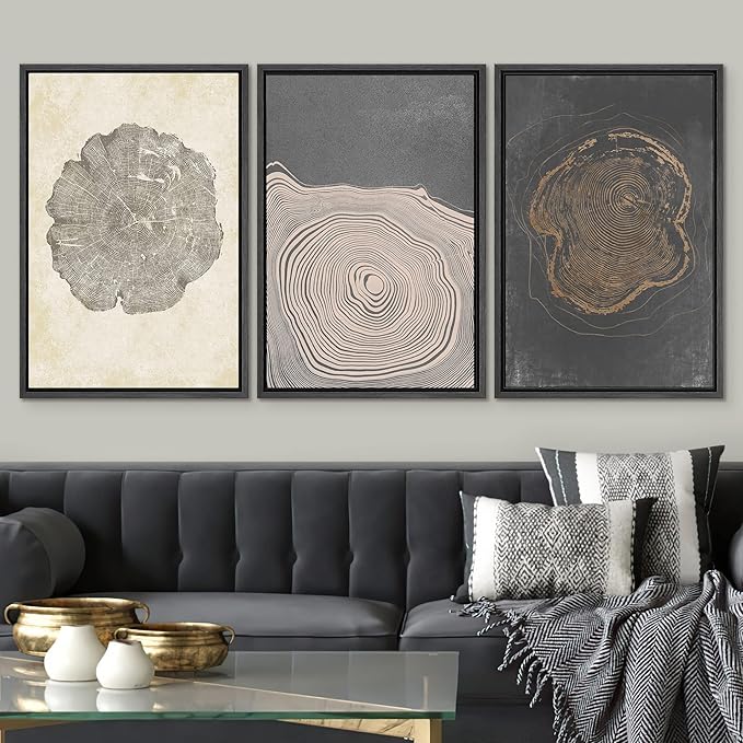 SIGNWIN Framed Canvas Print Wall Art Set Pastel Gray Wood Tree Ring Spirals Nature Abstract Drawings Modern Art Decorative Contemporary Minimal for Living Room, Bedroom, Office - 24"x36"x3 Black