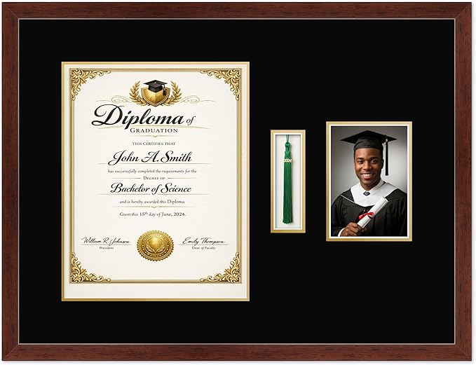 CountryArtHouse Diploma Tassel and Photo Shadowbox Fits 11 x 14 College Diploma (Portrait) with Tassel Ho Rustic Walnut Genuine Hardwood with Black Over Metallic Gold Double mat