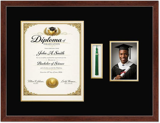 CountryArtHouse Diploma Tassel and Photo Shadowbox Fits 11 x 14 College Diploma (Portrait) with Tassel Ho Rustic Walnut Genuine Hardwood with Black Over Metallic Gold Double mat