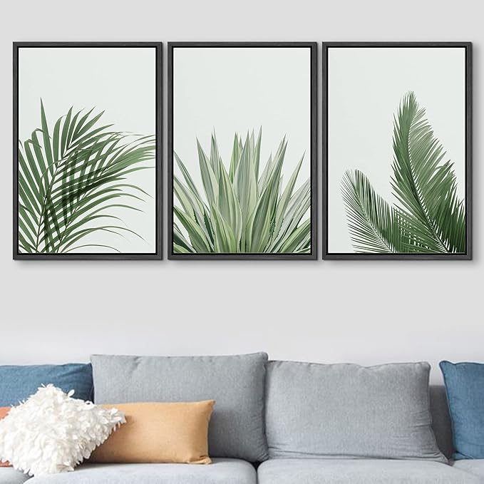 SIGNFORD Framed Canvas Print Wall Art Set Rustic Green Retro Tropical Jungle Plants Nature Wilderness Photography Modern Minimal Scenic Relax/Calm for Living Room, Bedroom, Office - 24"x36"x3 Black