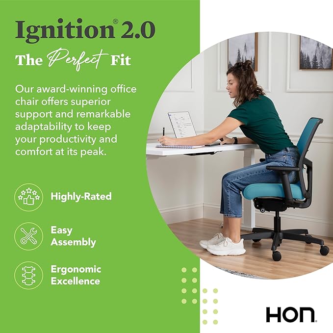 HON Ignition 2.0 Low Back Task Chair, Spectrum Mesh, Advanced Synchro-Tilt Control, Office Chair with Lumbar Support, Height and Width Adjustable Arms, Black Frame, Sky