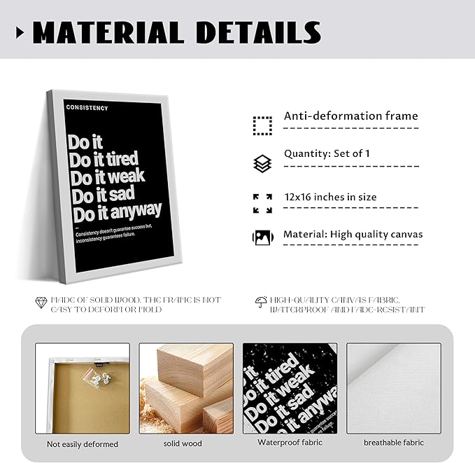 Consistency Motivational Wall Art, Do It Anyway Canvas Art, Black and White Positive Quotes Poster Print, Inspirational Quotes Wall Decor for Office Bedroom Gym 12x16 inch Framed