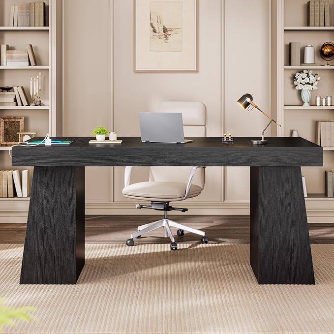 55.9 in Executive Desk with Power Outlets, Modern Home Office Desk with Storage Cabinet, Wood Computer Desk Business Workstation Desk Conference Table, Black (Storage Cabinet)