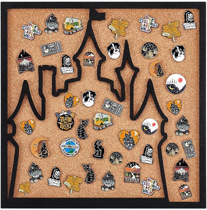 BENECREAT Square Castle Pin Board Cork Board, 11.8x11.8inch Bulletin Display Board Wall Mounted Cork Board with Black Frame for Brooch Pin Storage Display, Office Home and School Decor