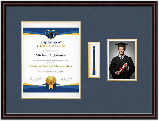 Diploma Tassel and Photo Frame Executive Brown Shadowbox Navy Blue Over Gold Mat - Fits 10 x 13 Degree Picture Made in the USA