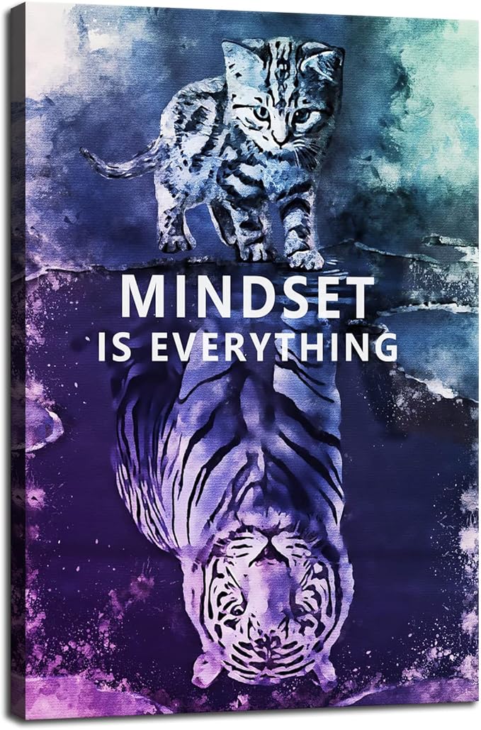 Mindset is Everything Inspirational Wall Art Inspirational Entrepreneur Quotes Poster Small Cat and Big Tiger Print Artwork Painting for Home Gym Office Framed Ready to Hang[24''W x 36''H]