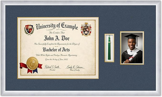 CountryArtHouse Diploma Tassel and Photo Shadowbox Fits 17 x 13 International Diploma with Tassel Stainless Silver Genuine Hardwood with Navy Blue Over Metallic Gold Double mat