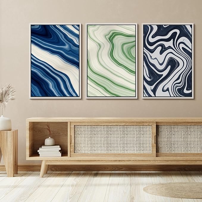 SIGNFORD Framed Wall Art Print Set Blue and Green Marble Swirl Abstract Bold Digital Art Modern Art Contemporary for Living Room, Bedroom, Office - 24"x36"x3 WHITE