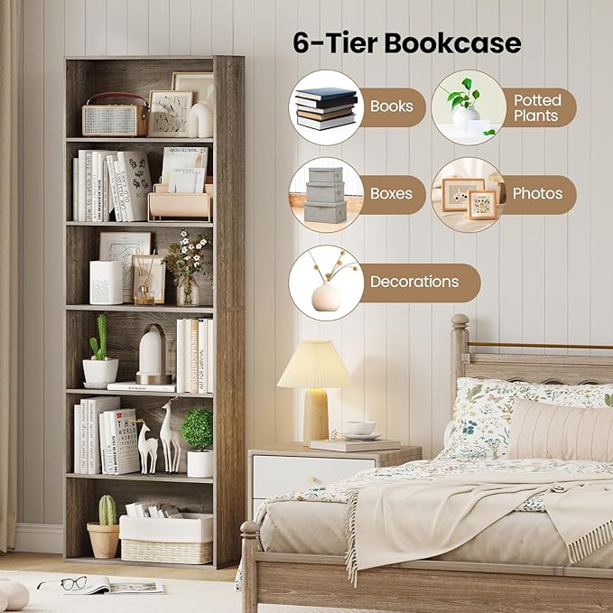 Giantex 6-Tier Bookcase, 70" Tall Wooden Bookshelf, Freestanding Storage Organizer w/Open Shelves, Anti-Tipping Kits, Modern Floor Standing Display Shelves for Living Room, Bedroom,Grey