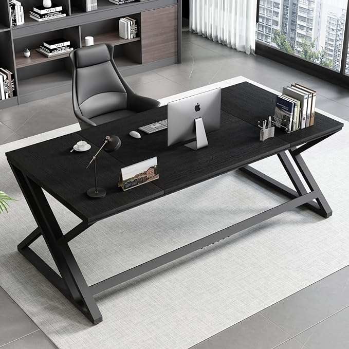 HSH 70.8" Black Computer Desk, Large Modern Workstation Home Office Desk, Long Industrial Study Gaming Work Writing Desk for 2 Person, Farmhouse Double Wood Executive Pc Table with Storage in Bedroom