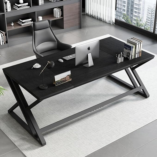 HSH 70.8" Black Computer Desk, Large Modern Workstation Home Office Desk, Long Industrial Study Gaming Work Writing Desk for 2 Person, Farmhouse Double Wood Executive Pc Table with Storage in Bedroom