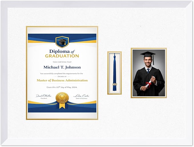 Diploma Tassel and Photo Frame Bright White Shadowbox Oyster Shell Over Gold Mat - Fits 10 x 13 Degree Picture Made in the USA