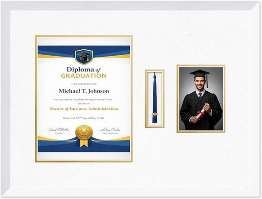 Diploma Tassel and Photo Frame Bright White Shadowbox Oyster Shell Over Gold Mat - Fits 10 x 13 Degree Picture Made in the USA