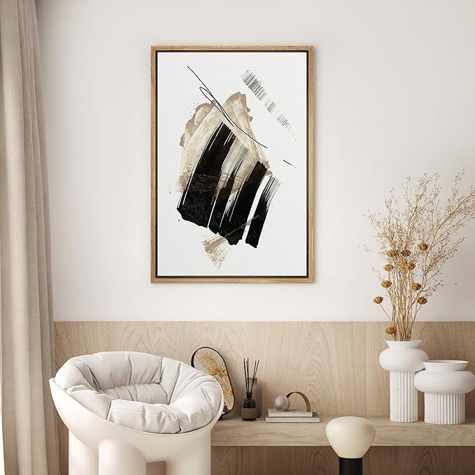 SIGNWIN Framed Canvas Print Wall Art Brushstroke Minimalist Black and Beige Illustrations Modern Art Minimal Multicolor for Living Room, Bedroom, Office - 16"x24" Natural