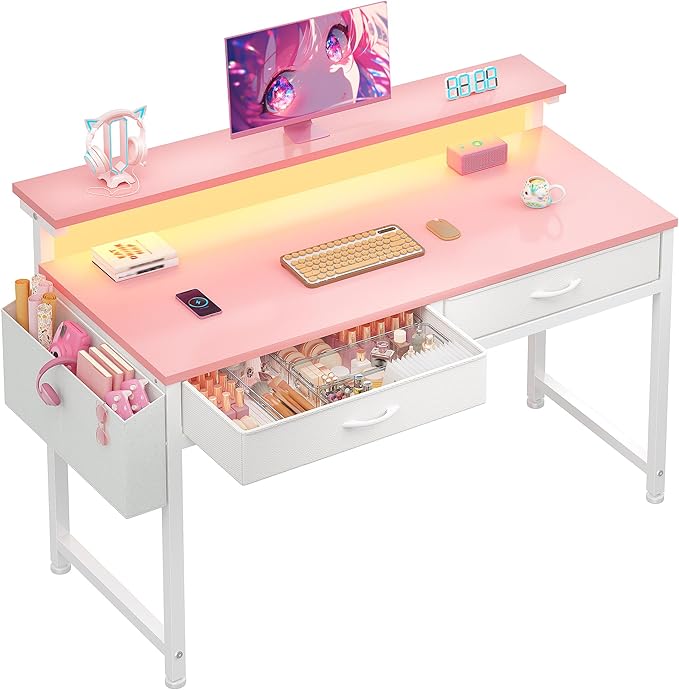 39.4Inch Office Computer Desk with LED Lights & 2 Fabric Drawers, Gaming Desk with Side Pocket & Ergonomic Monitor Stand, Small Space Study Writing Table with Anti-Tip Design,Pink