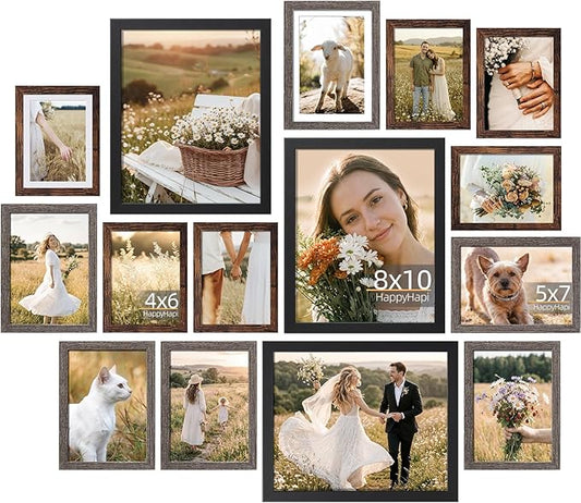 HappyHapi 15 Pack Picture Frames Collage Wall Decor, Gallery Frame Set for Mounting or Tabletop Display, Multi Sizes Including 3Pcs Black 8x10, 6Pcs Gray 5x7, 6Pcs Brown 4x6