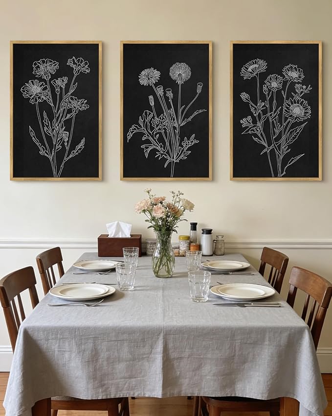 Drsoum Black White Flower Wall Art Vintage Minimalist Floral Wall Hanging Decor Bohemain Botanical Prints Artwork for Bedroom Living Room Hallway 24x36in Natural Framed