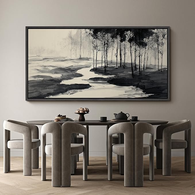 SIGNFORD Extra Large Framed Canvas Print Wall Art Minimalist Ink Forest Landscape Illustrations Modern Art Calm Warm for Living Room, Bedroom, Office - 60"x30"