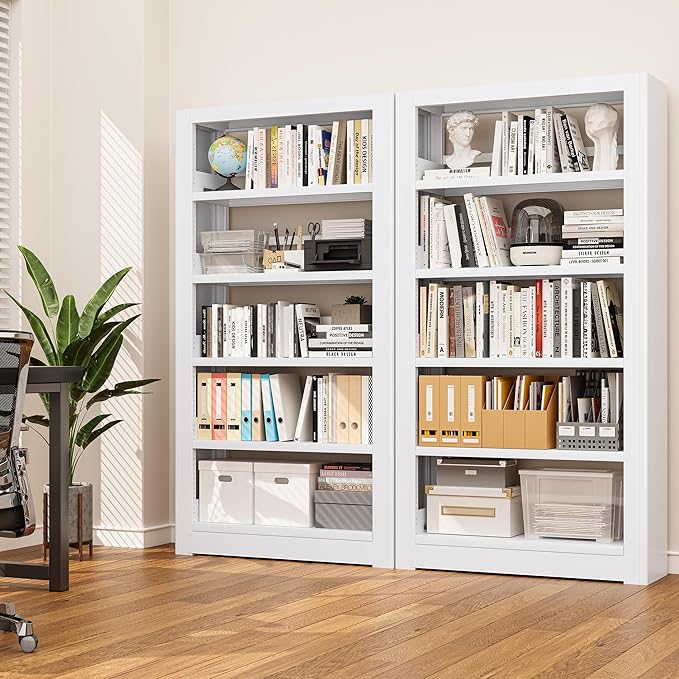 Heavy Duty Metal Bookshelf, 5 Shelf Adjustable Bookcase, 69’’ Tall Modern Bookshelves, Open Book Shelf Organizer, Large Sturdy Book Case for Living Room, Library, Office, White Book Shelf