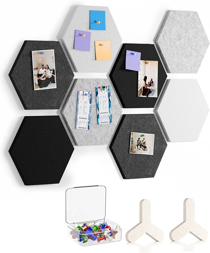 MaxGear 8Pcs Large Hexagon Felt Cork Board Tiles, Grey Self-Adhesive DIY Bulletin Board Pin Board for Office School Home Wall Decor Stickers Photos Display Memos