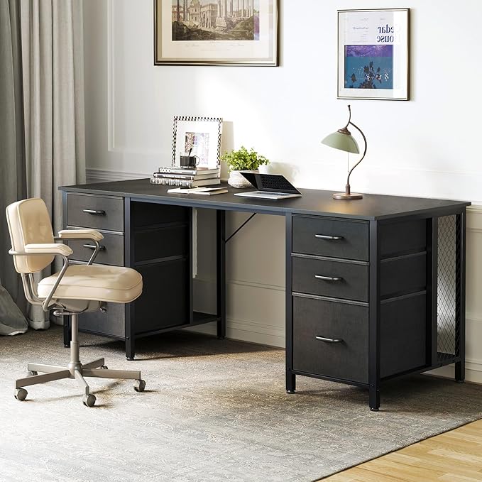 ODK 63 Inch Office Desk with 6 Fabric Drawers, Large Computer Desk for Home Office with Hidden Storage Shelves, Black