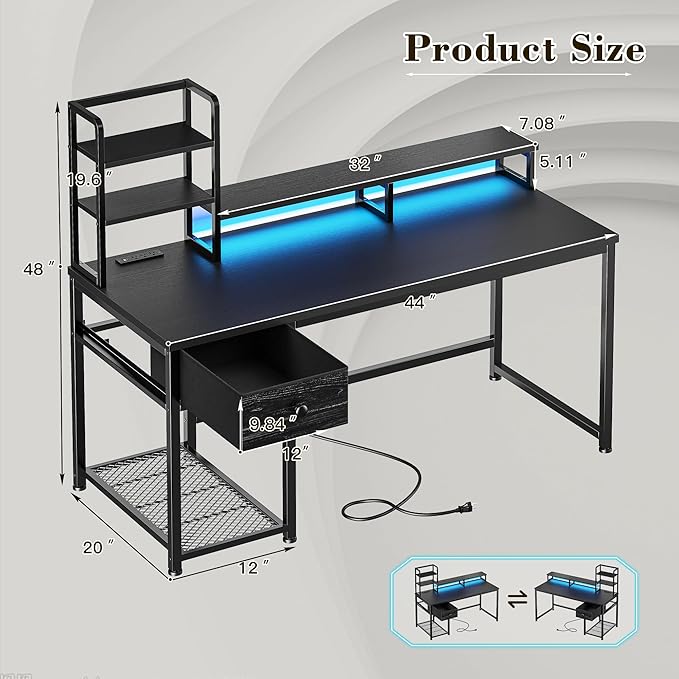 44 Inch Gaming Desk with Hutch and Drawers,Reversible Computer Desk with Monitor Shelf,Home Office Desks with USB Power Outlets and Storage,Pc Small Gaming Desk for Office with LED Lights,Black