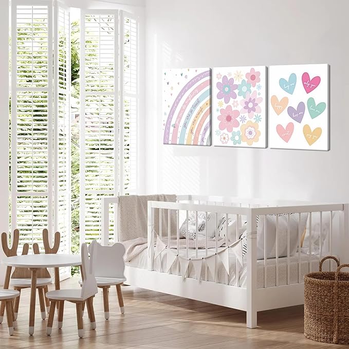 3 Pieces Nursery Boho Wall Art, Framed Cartoon Rainbow Canvas Prints, Colorful Heart Wall Decor, Cute Flower Posters Artwork, Pink Girls Room Aesthetic for Bedroom Dormitory – 12x16in