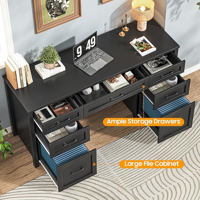 Vabches Farmhouse 61'' Executive Desk with 5 Drawers, Rustic Office Desk Computer Desk with File Drawers and Storage Cabinet, Wood Workstation for Home Office and Study(Black)