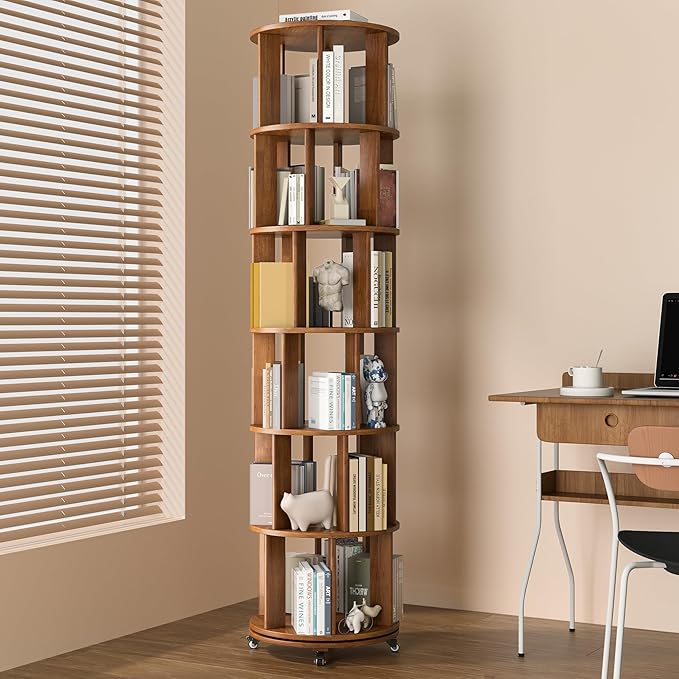 Rotating Bookshelf, 6 Tier Solid Wood Bookshelf Tower with Lockable Wheels, 360° Spinning Revolving Bookcase for Small Spaces, Corners, Bedroom, Kids Room, Home Office, Walnut