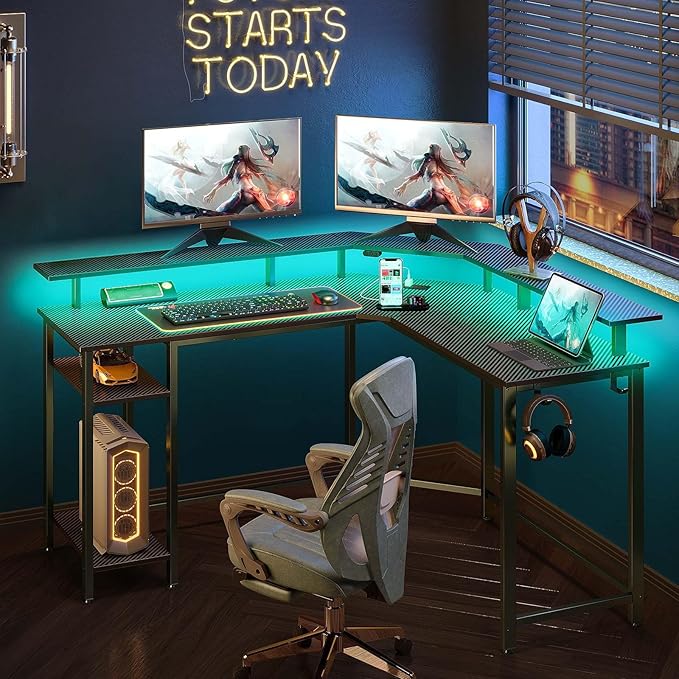 Rolanstar L Shaped Gaming Desk with LED Lights & Power Outlets, 46.2" Computer Desk with Full Monitor Stand & Storage Shelf, Corner Desk with Hooks, Carbon Fiber Desk Reversible