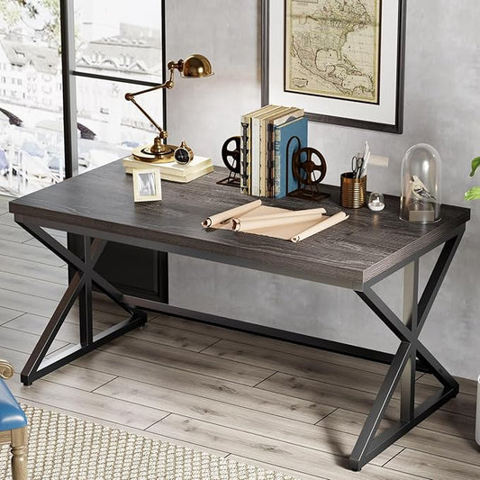 IBF 60 Inch Long Office Desk, Modern Metal Wooden Grey Writing Study Computer Desk for Bedroom, Farmhouse Big Simple Home Office Desks Executive Work Pc Table for Student, Dark Gray Oak