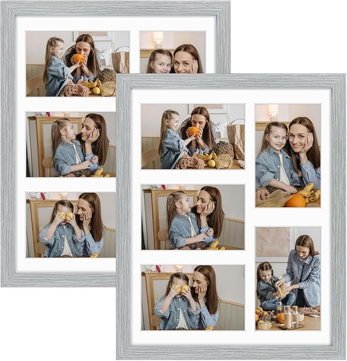 Golden State Art, 11x14 Grey Wooden Frame with White Mat - Displays Five 4x6 Photos - Tempered Glass - Wall Mounting, Portrait, Set of 2