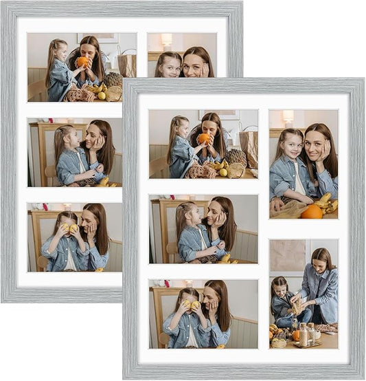 Golden State Art, 11x14 Grey Wooden Frame with White Mat - Displays Five 4x6 Photos - Tempered Glass - Wall Mounting, Portrait, Set of 2