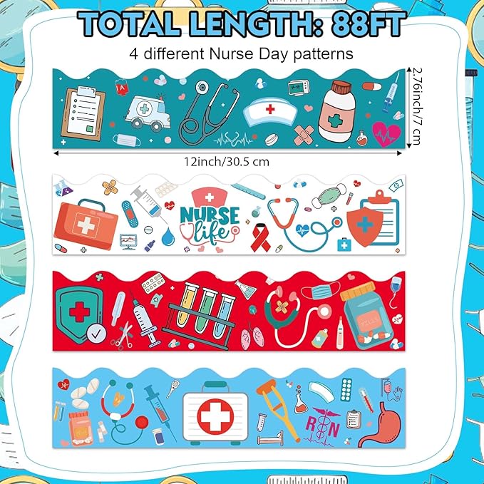 88Feet Nurse Healthcare Workers Bulletin Board Borders for Doctor Nurse Day Party Decoration Medical Nurse Themed Hospital Bulletin Board Sticker Nursing School Classroom Graduation Decorations