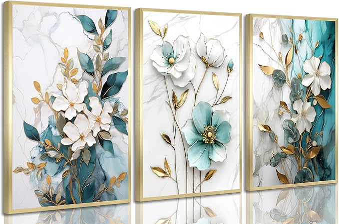 3Pcs White Gold Flower Canvas Wall Art Modern Luxury Blue White Gold Abstract Marble Floral Botanical Painting Picture Wall Decor Poster Print Artwork for Living Room Bedroom Home Decoration Unframed