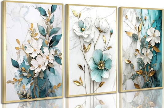 3Pcs White Gold Flower Canvas Wall Art Modern Luxury Blue White Gold Abstract Marble Floral Botanical Painting Picture Wall Decor Poster Print Artwork for Living Room Bedroom Home Decoration Unframed