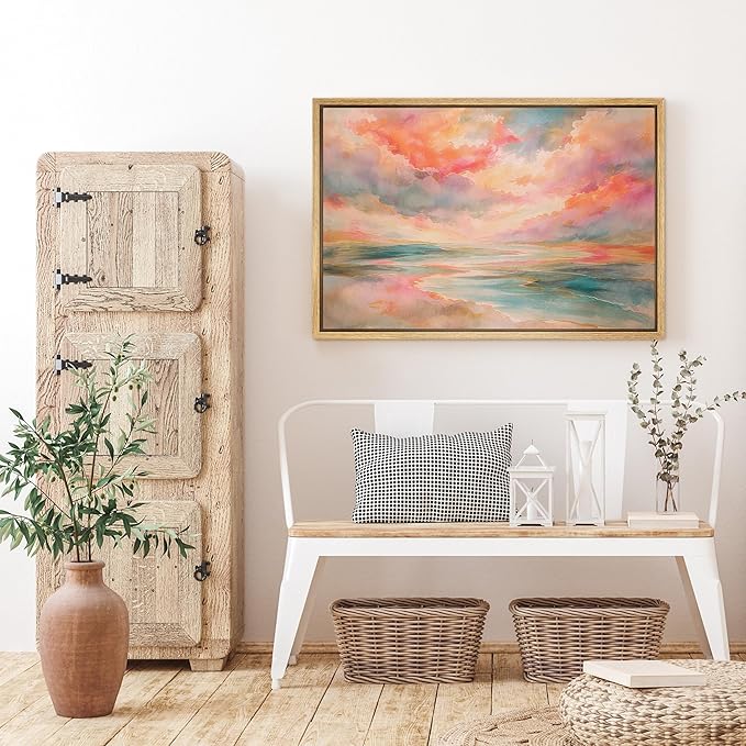 SIGNFORD Framed Canvas Print Wall Art Crimson Glow Over Sea and Sky Illustration Minimalism Decorative Colorful Mid-Century for Living Room, Bedroom, Office - 16"x24" NATURAL