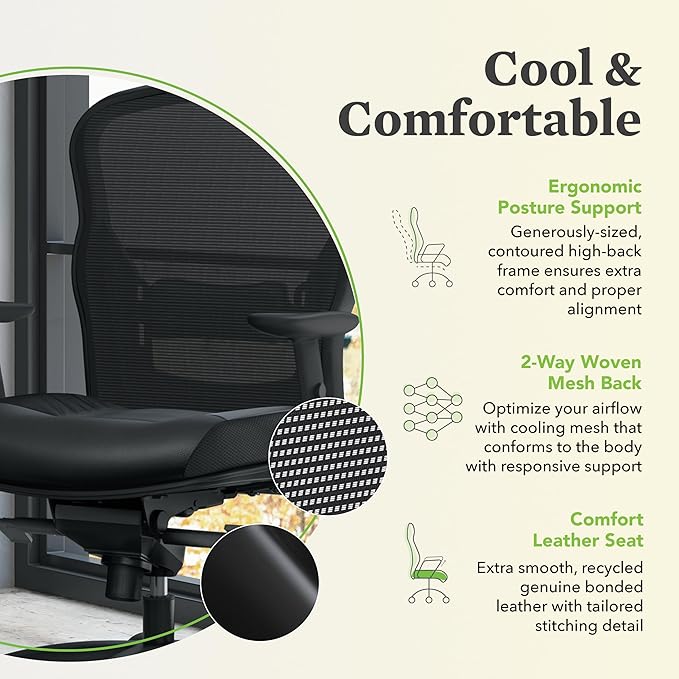 HON Wave High Back Leather Ergonomic Office Chair Lumbar Support with Adjustable Arms, Breathable Mesh Ergonomic Desk Seat for Computers, Office, 360° Swivel Synchro-Tilt, Black