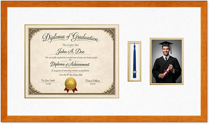 Diploma Tassel and Photo Frame Honey Oak Shadowbox Oyster Shell Over Gold Mat - Fits 14 x 11 Degree Picture Made in the USA