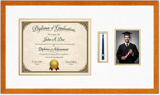 Diploma Tassel and Photo Frame Honey Oak Shadowbox Oyster Shell Over Gold Mat - Fits 14 x 11 Degree Picture Made in the USA