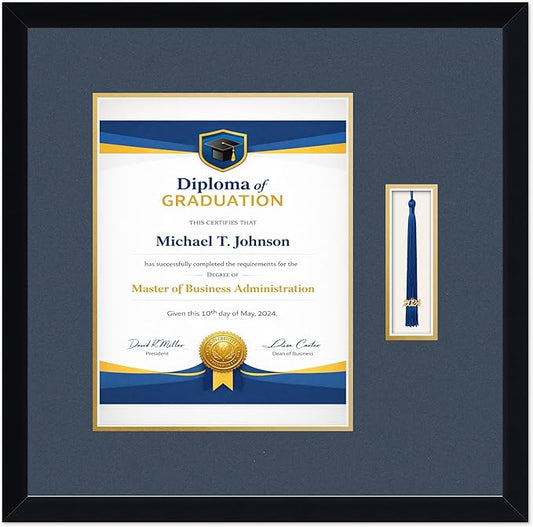 Diploma Frame with Tassel Holder Matte Black Shadowbox Navy Blue Over Gold Mat - Fits 10 x 13 Degree Made in the USA