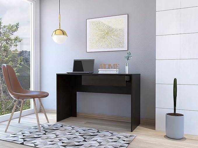 Writing Computer Desk One Drawer Black, 47.3-Inch Wide Home Office Desk for Work from Home and Study, Compact Particle Board Table with 23-Inch x 4-Inch Drawer and 25-Inch Leg Room