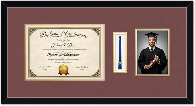 Diploma Tassel and Photo Frame Matte Black Shadowbox Dark Red Over Gold Mat - Fits 11.69 x 8.27 Degree Picture Made in the USA