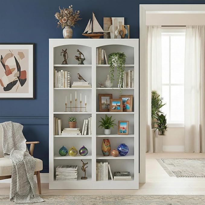 71" Tall Bookcase, Double Wide White Bookshelf with Arched Design, 12-Tier Open Wood Display Shelf Storage Organizer for Living Room, Home Office (41.6" W x 70.8" H)
