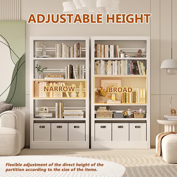 5-Tier Metal White Bookshelf, 71" Tall Library Bookshelf, White Bookshelf with Adjustable Storage Shelves, Modern Bookcase for Living Room, Library, Office, or Bedroom, Includes Book Stoppers (White)