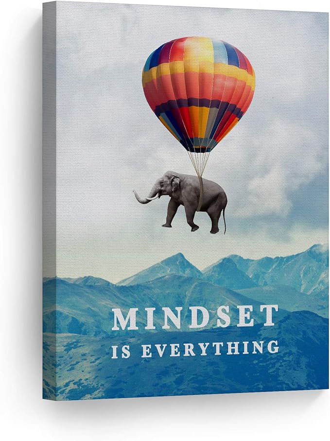 Smile Art Design Mindset is Everything Quote Elephant with Balloon Motivational Wall Art Canvas Print Inspirational Wall Art Entrepreneur Quote Office Living Room Decor Gift Ready to Hang 12x8
