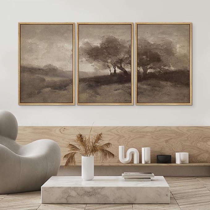 SIGNWIN Framed Canvas Print Wall Art Set Sepia-Toned Abstract Trees Vintage Landscape Illustrations Modern Art Decorative for Living Room, Bedroom, Office - 24"x36"x3 Natural