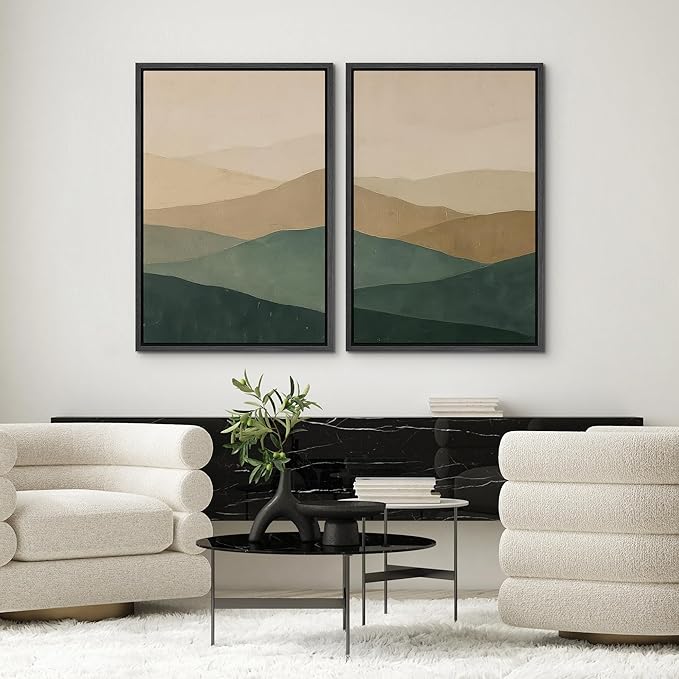 SIGNWIN Framed Canvas Print Wall Art Set Green and Beige Abstract Mountain Landscape Illustrations Modern Art Minimal Boho Relax/Calm for Living Room, Bedroom, Office - 16"x24"x2 Black