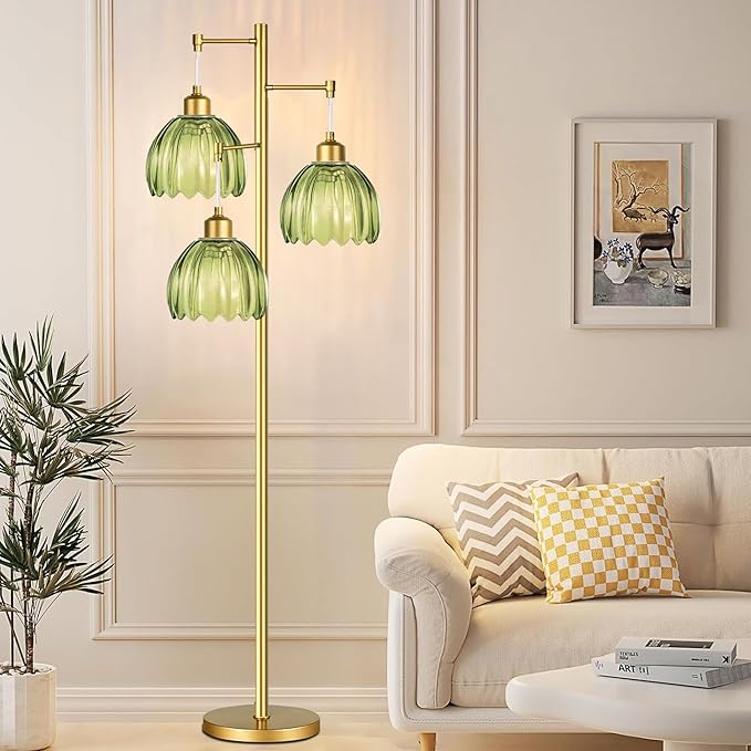 Glass Floor Lamp for Living Room,Bedroom,Gold Mid Century Modern Standing Lamp Brass Tree 3 Light Tall Floor Lamps Vintage Floor Lights Green Tulip Flower Lamp Shade Farmhouse Boho Bohemian